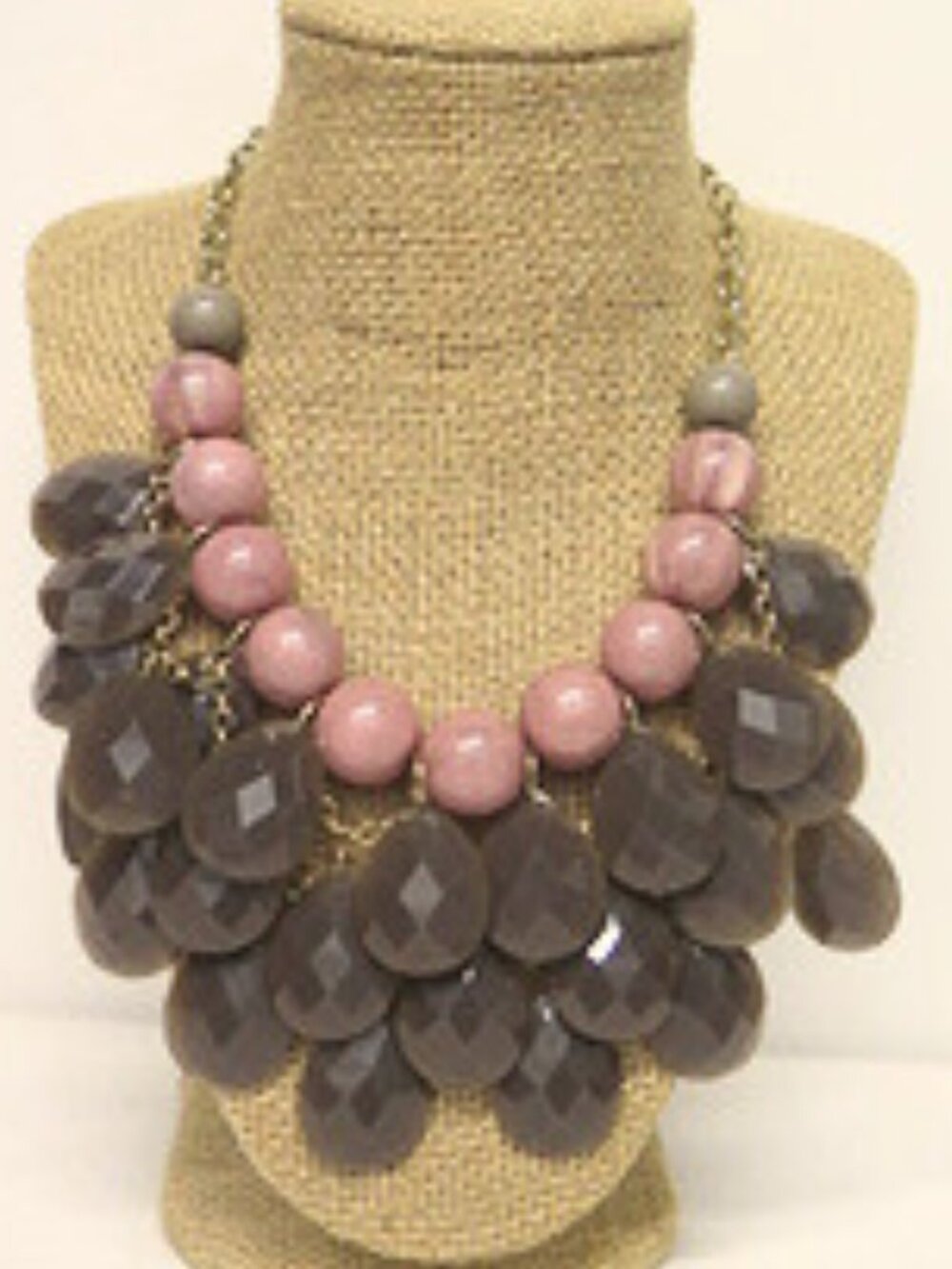 Estate Statement Necklace Pink Beads Brown Faceted Teardrop Bib Gold Tone